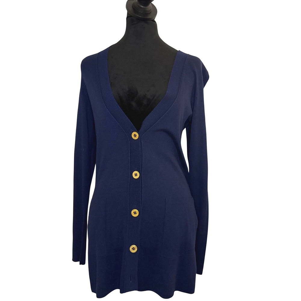 Women's Lilly Pulitzer Navy Cardigan Buttoned V Neck Long Sleeve Cotton SZ M